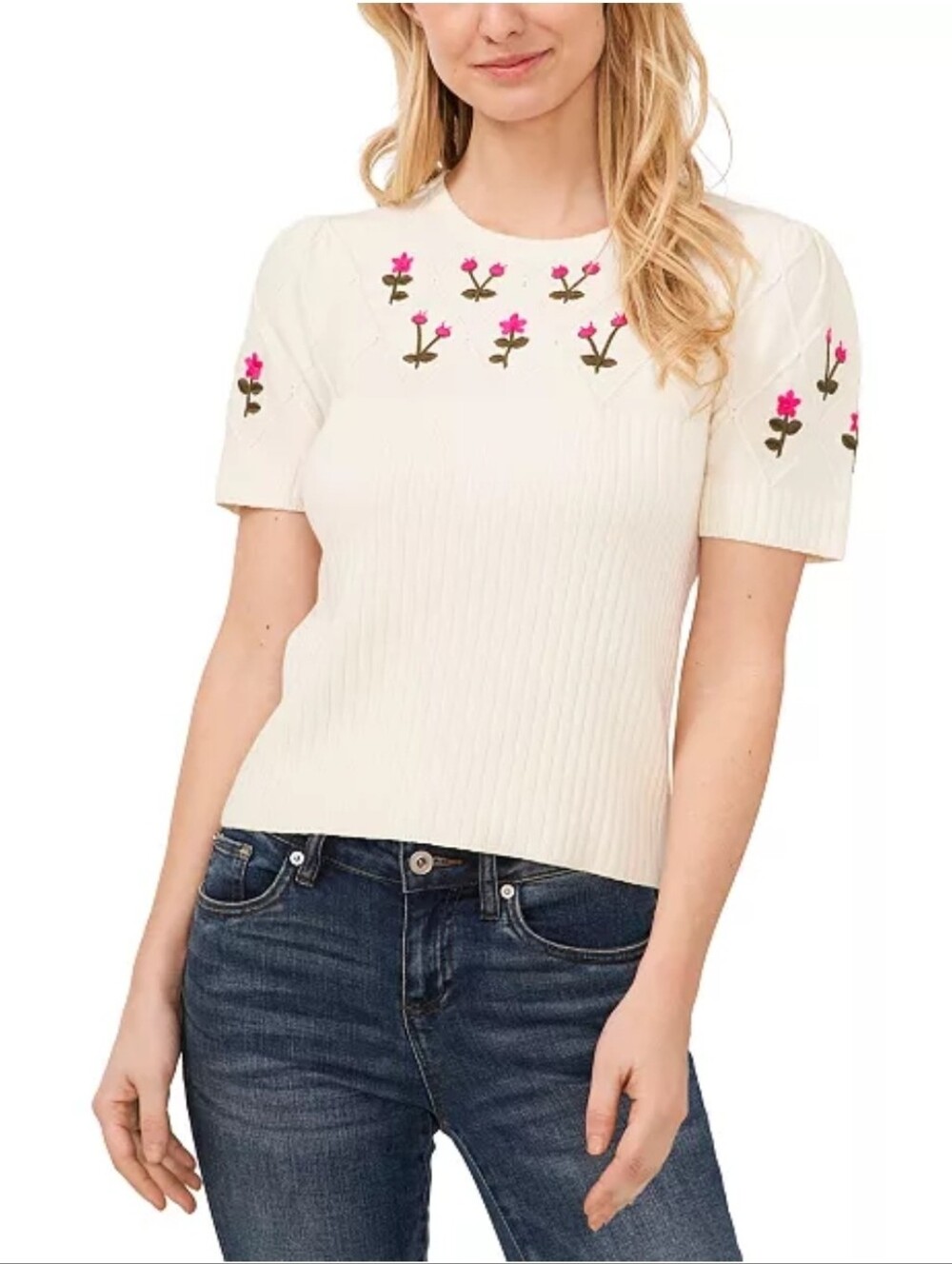 CeCe  Crewneck flower embroidered cotton sweater. Size M. NWT.
